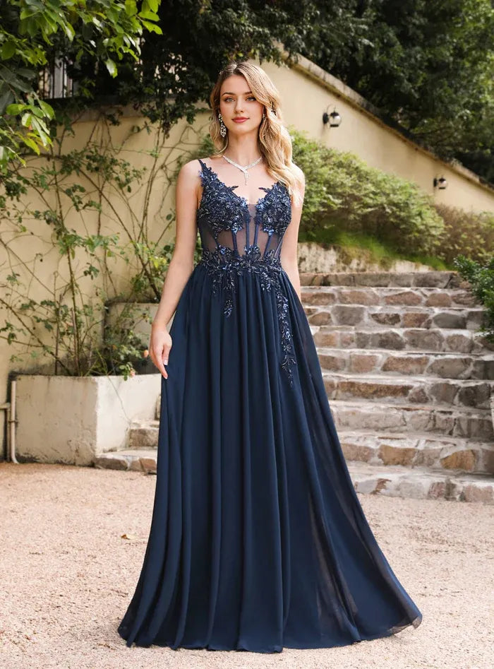 Weitese Dress Fabulous A-line Spaghetti Straps Pleated Chiffon Floor Length Dress With Appliques Prom Dress